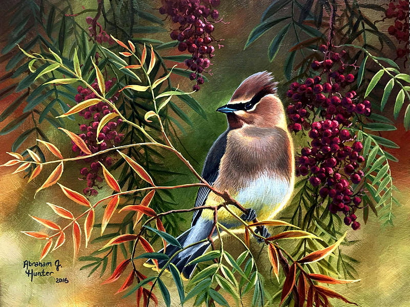 Mom's Favorite Bird, tree, twigs, leaves, bird, berries, cedar waxwing, painting, artwork, HD wallpaper