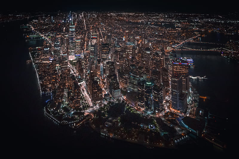 Nyc Downtown Helicopter View , new-york, world, night, buildings, HD wallpaper