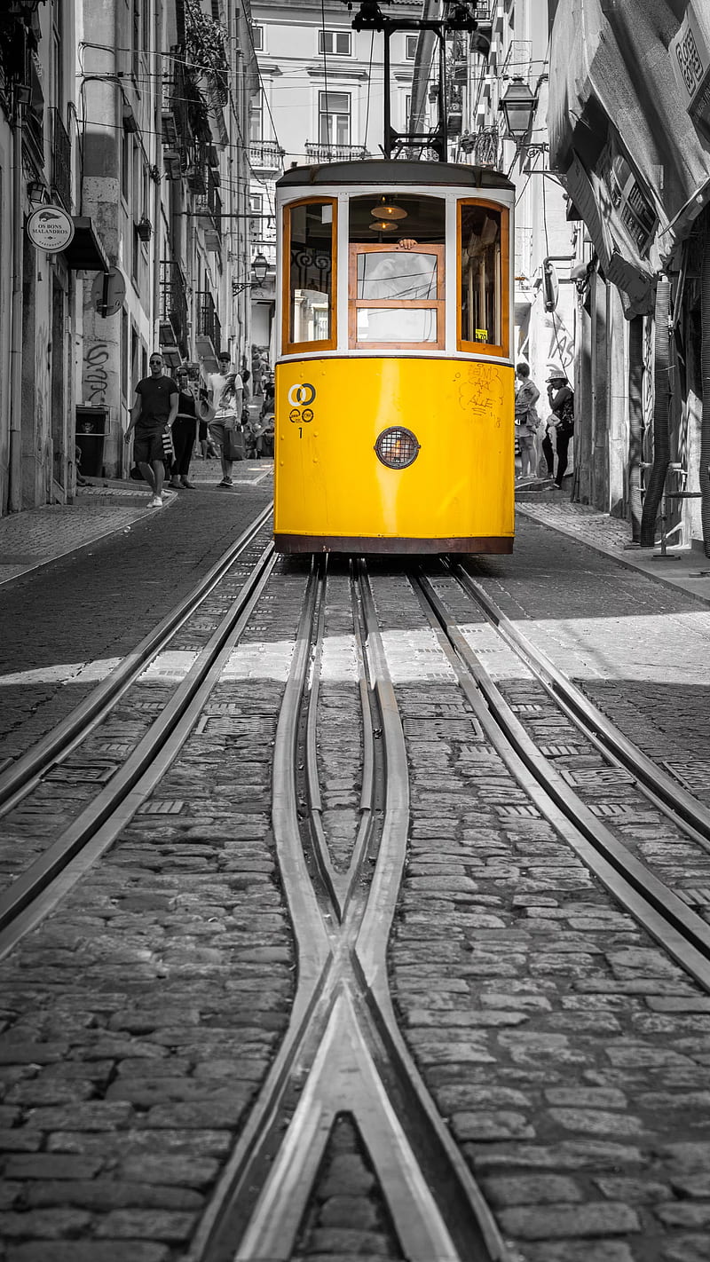Tramway, tram, train, yellow, road, HD phone wallpaper