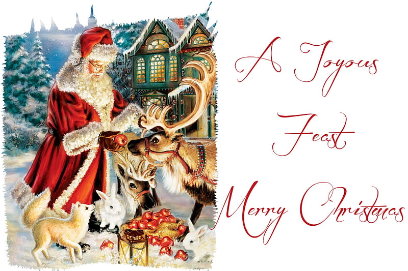 A Joyous Feast FC, Christmas, December, bonito, illustration, artwork, card, fruit, painting, wide screen, rabbits, reindeer, scenery, art, holiday, apples, Santa, fox, occasion, HD wallpaper