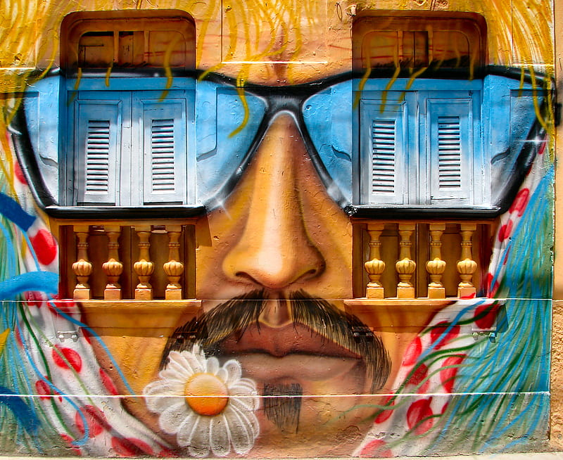 painted face, artistic, male, house, glasses, man, abstract, graphy, flower, interesting, face, HD wallpaper