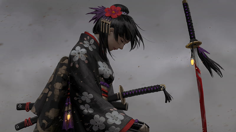 Samurai girl, limono, sword, art, frumusete, luminos, guweiz, black, fantasy, samurai, girl, katana, dark, light, HD wallpaper