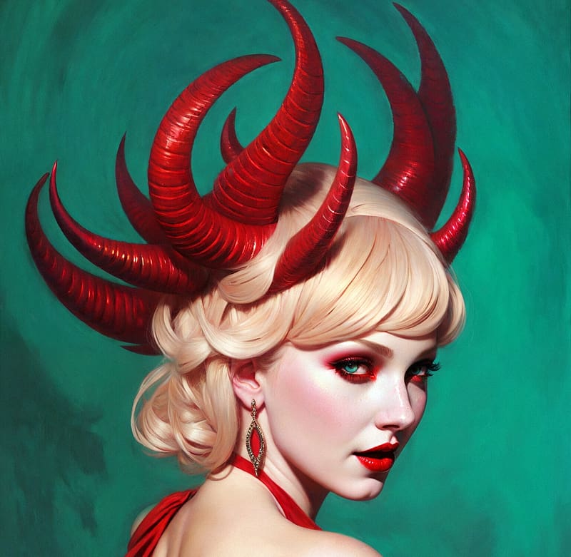 Hathor Von Tentyra, face, frumusete, blonde, horns, art, demiurge ash, girl, fantasy, green, red, HD wallpaper