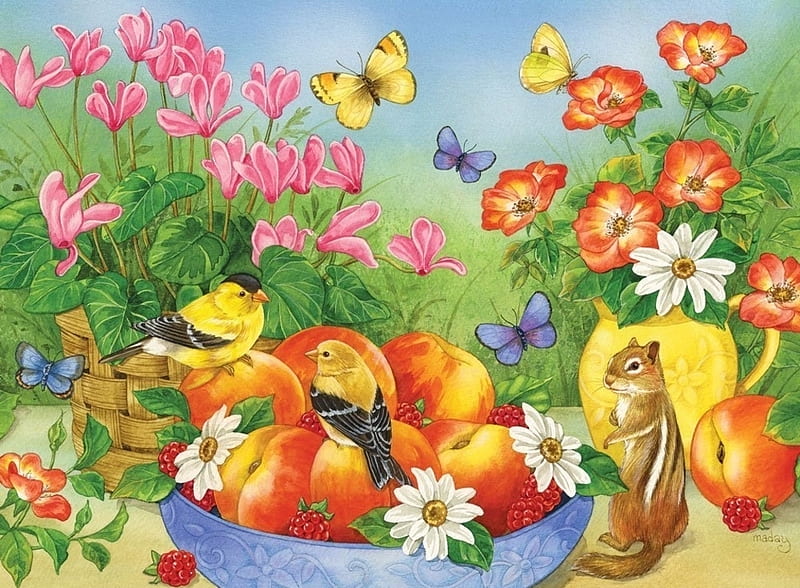 Just peaches, flowers and birds, art, chipmunk, squirrel, pasare 