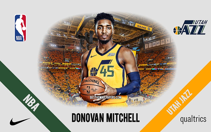 Donovan Mitchell, Utah Jazz, American Basketball Player, NBA, portrait, USA, basketball, Vivint Arena, Utah Jazz logo, HD wallpaper