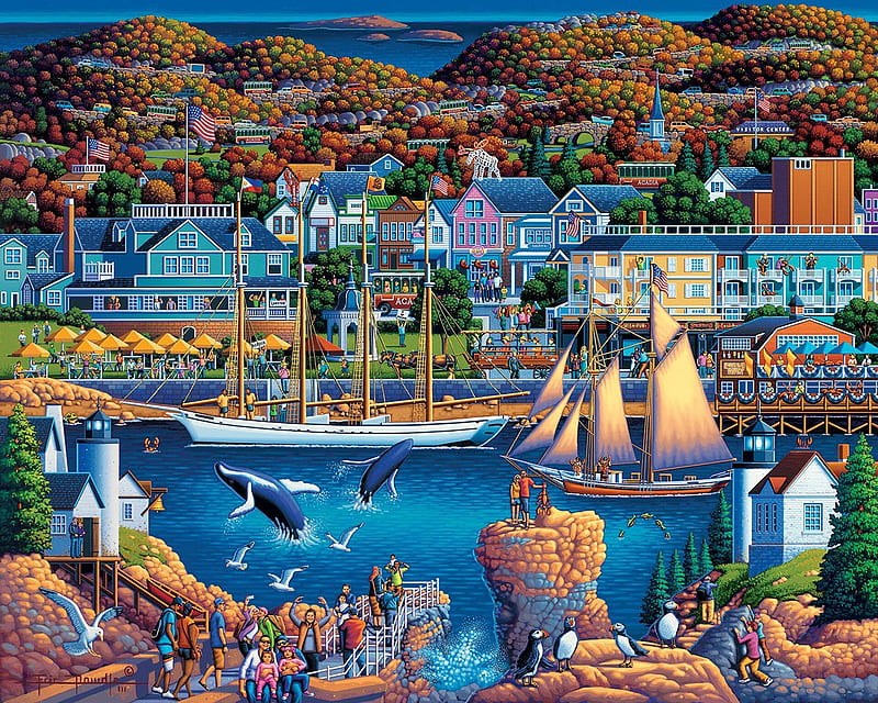 Acadia National Park, art, orange, park, acadia national, boat, painting, eric dowdle, pictura, blue, HD wallpaper