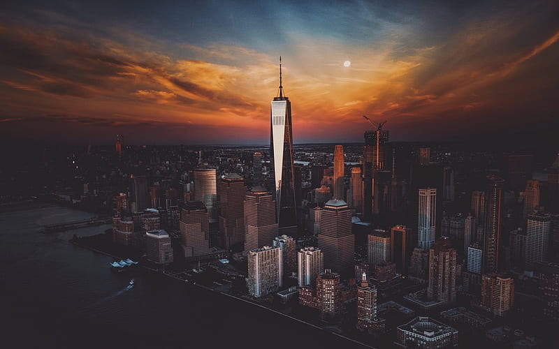 New York, USA, World Trade Center 1, skyscraper, sunset, HD wallpaper