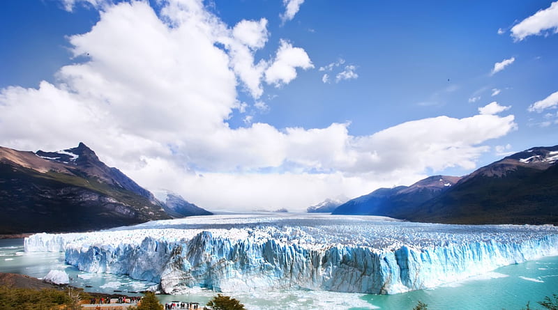 spectacular glacier, clacier, tourists, mountains, clouds, bay, HD wallpaper