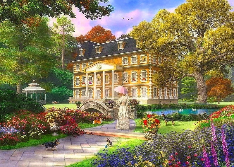 Summer Estate, architecture, victorian, houses, bridges, love four seasons, attractions in dream, paintings, summer, flowers, garden, lady, dogs, HD wallpaper