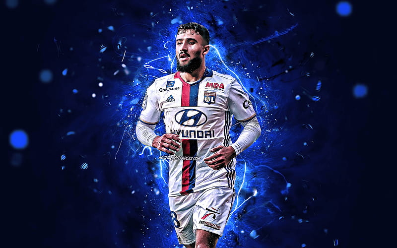 Nabil Fekir, white uniform, abstract art, Olympique Lyon FC, Ligue 1, Fekir, French footballers, neon lights, soccer, HD wallpaper