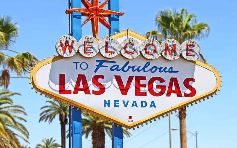Las Vegas, sign on the road, summer, Welcome to Las Vegas, Nevada, USA, HD wallpaper