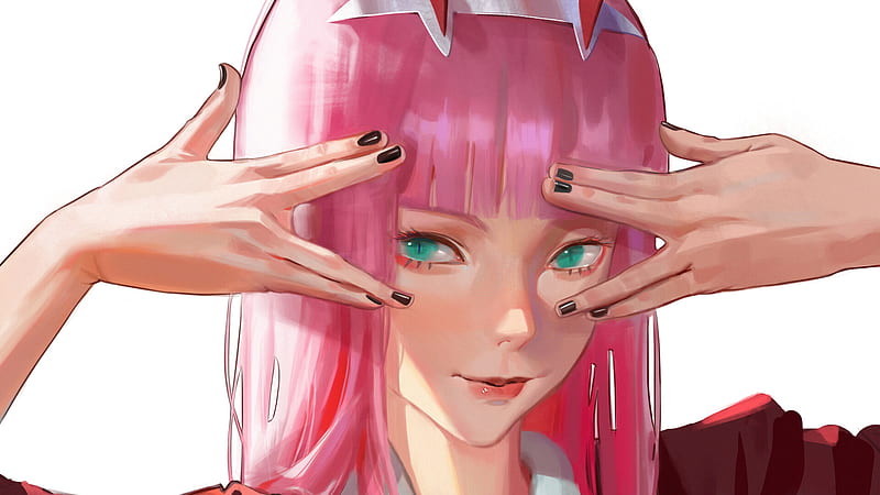 darling in the franxx zero two with pink hair green eyes with white background anime, HD wallpaper