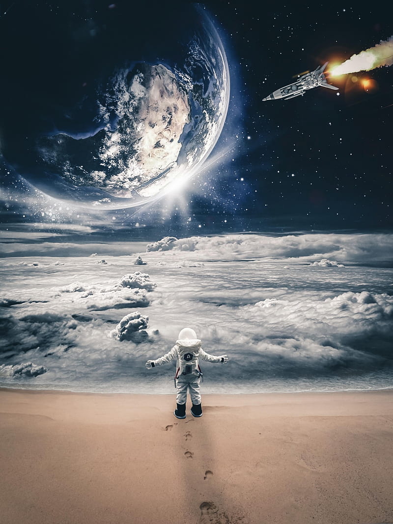 My house is the earth, GEN_Z__, My, alone, astronaut, beach, blue, brown, clouds, collage, cosmonaut, digital, digital-manipulation, earth, galaxy, gris, house, liberty, nature, ocean, manipulation, planets, sand, sea, sky, space, stars, universe, white, HD phone wallpaper
