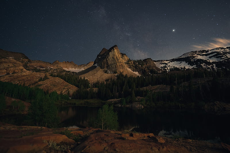 mountains, lake, night, landscape, dark, HD wallpaper