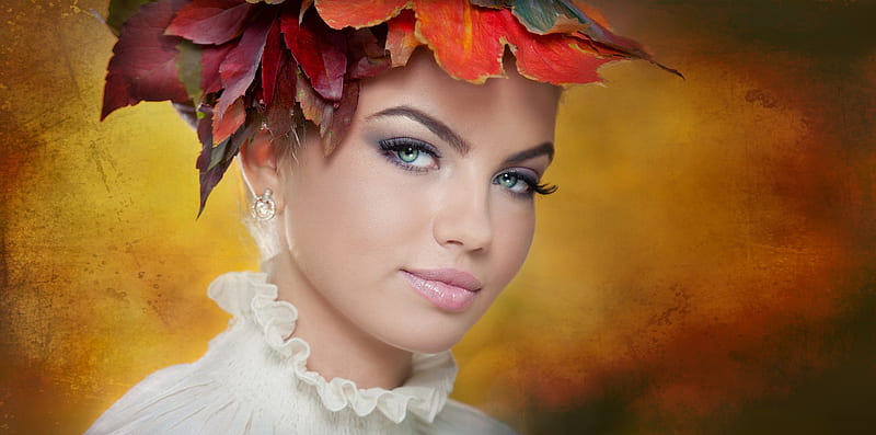 Gorgeous Face, autumn, earrings, background, green eyes, lashes, lips, leaves, girl, face, eyes, HD wallpaper