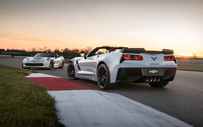 2018, Chevrolet Corvette, Carbon 65 Edition, rear view, white cabriolet, supercar, evening, racing track, sunset, Chevrolet, HD wallpaper