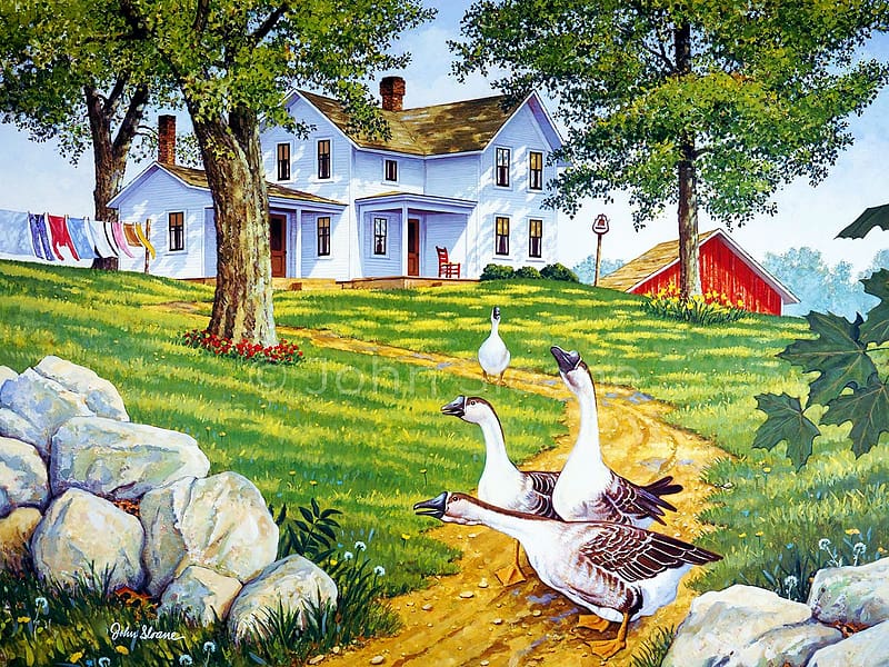 The Welcoming Party, trees, stones, geese, house, painting, HD wallpaper