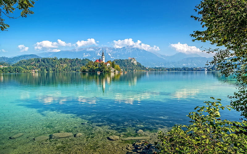 Lake Bled, mountain lake, turquoise lake, Bled, mountain landscape, church in the middle of the lake, Julian Alps, Upper Carniolan, Pokljuka, Slovenia, HD wallpaper