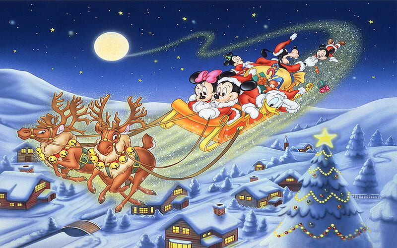 Ho, ho, ho, disney, sky, santa, night, minnie, craciun, moon, reindeer, mickey mouse, fantasy, christmas, luna, HD wallpaper