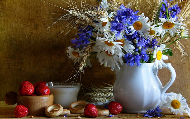 Still life, flowers, fruits, jar, HD wallpaper