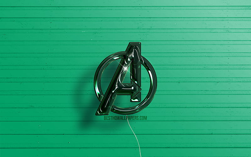 Avengers 3D logo dark green realistic balloons, Avengers logo, green wooden backgrounds, Avengers, HD wallpaper