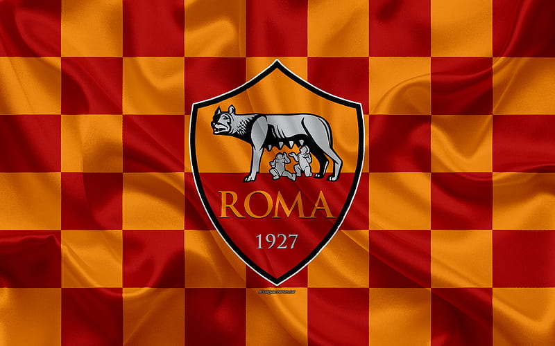 AS Roma logo, creative art, burgundy orange checkered flag, Italian football club, emblem, silk texture, Serie A, Rome, Italy, HD wallpaper