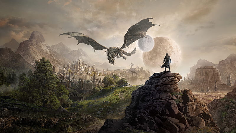 The Elder Scrolls, wings, fantasy, planet, luminos, game, man, dragon, HD wallpaper