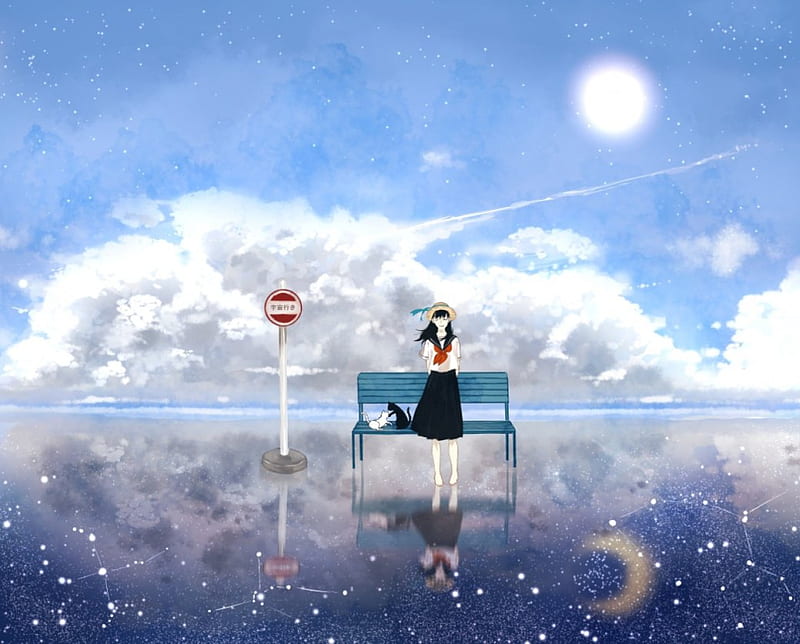 Time In Space, Stars, Cant think of a fourth, Space, Bench, Stop sign, HD wallpaper