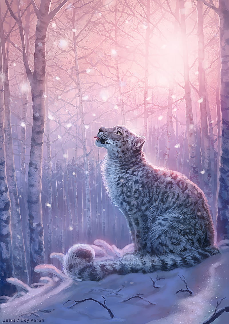 leopard, art, snow leopard, forest, snow, HD phone wallpaper