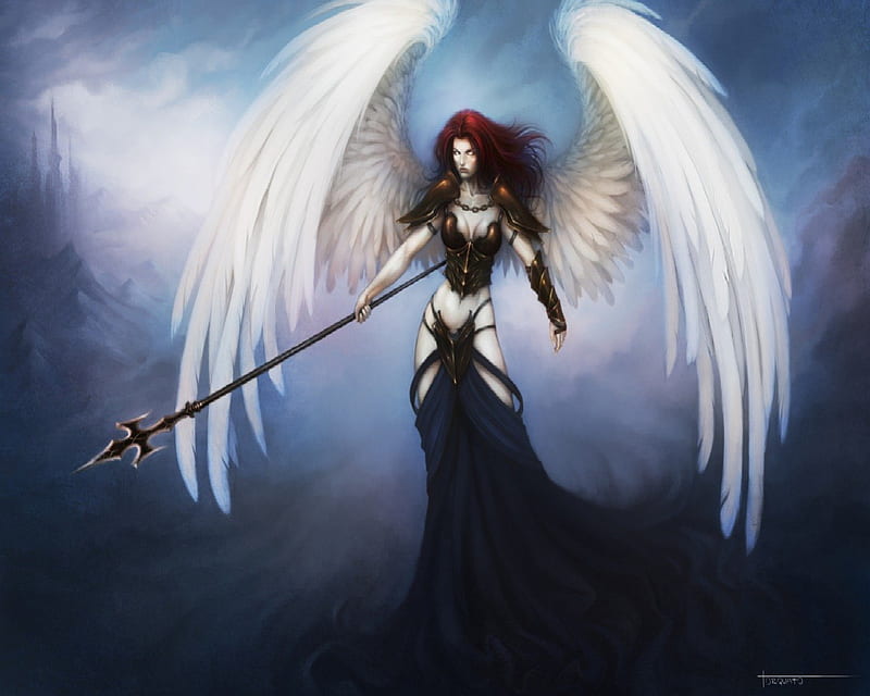 Red Head Angel, Angel, Spear, Female, Armour, Fantasy, HD wallpaper