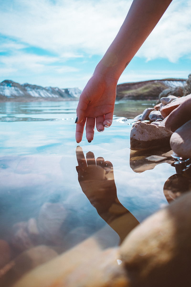 hand, water, touch, reflection, HD phone wallpaper