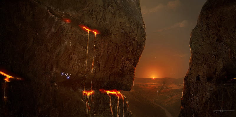 Sunset, lava, rock, spaceship, HD wallpaper