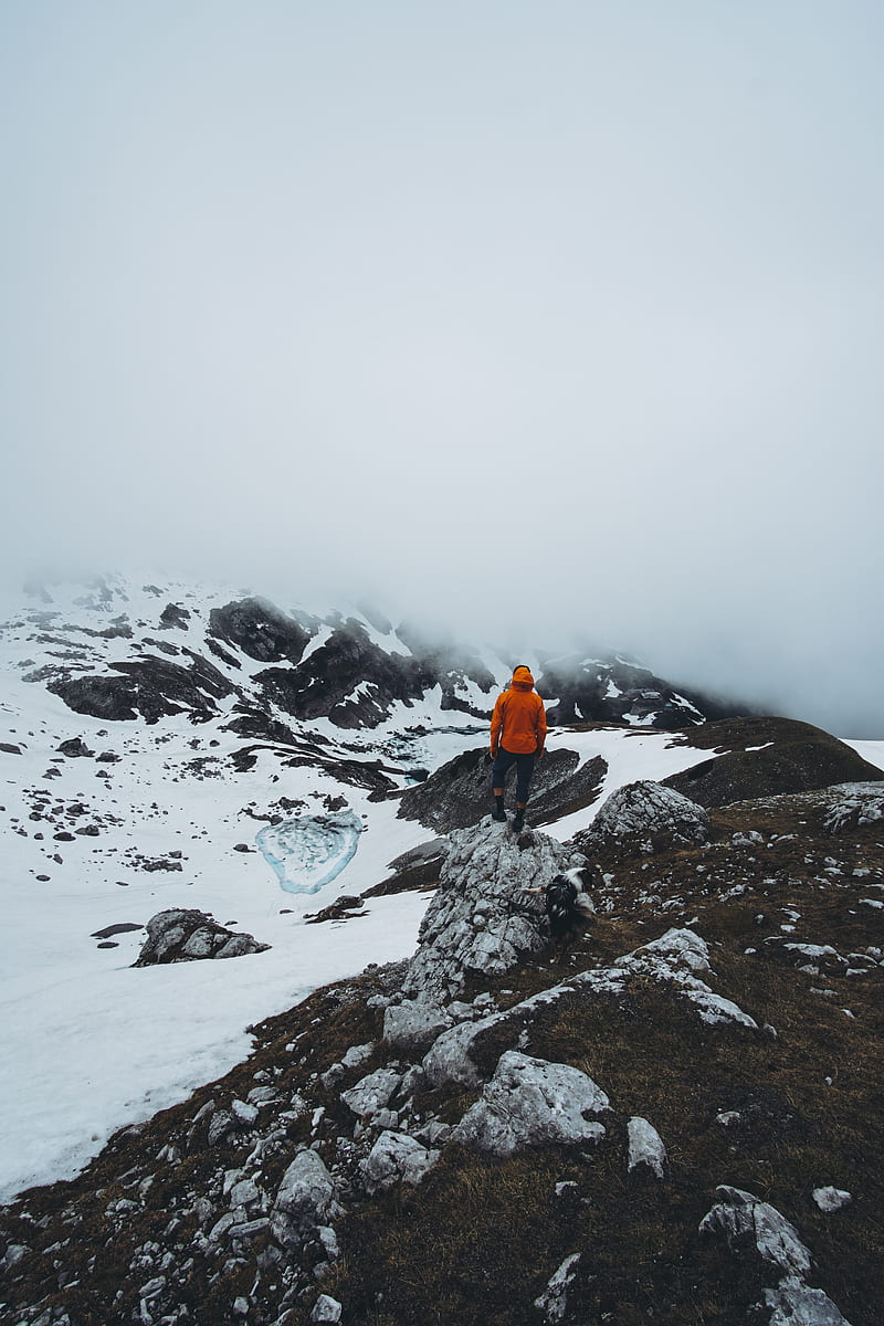 man, loneliness, solitude, snow, stones, fog, HD phone wallpaper