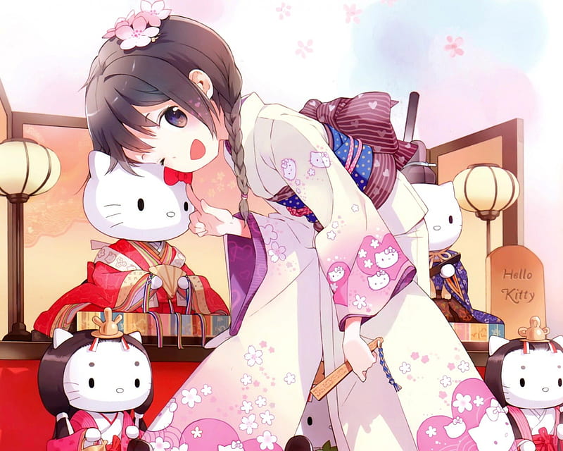 Hello Kitty, sweet, kinomo, blossom, japan, anime, yukata, anime girl,  pink, HD wallpaper | Peakpx