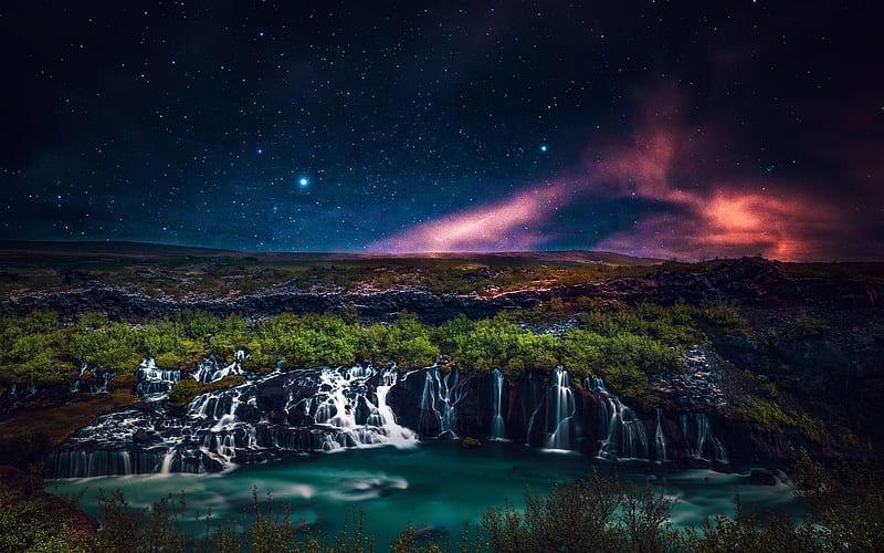 Iceland, waterfalls, beautiful nature, nightscapes, northern lights, Europe, HD wallpaper