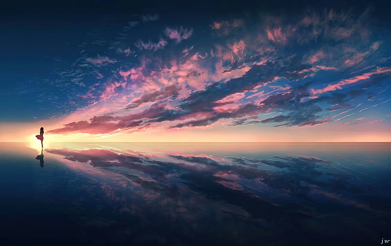 Anime, Original, Cloud, Horizon, Reflection, Sunset, HD wallpaper | Peakpx