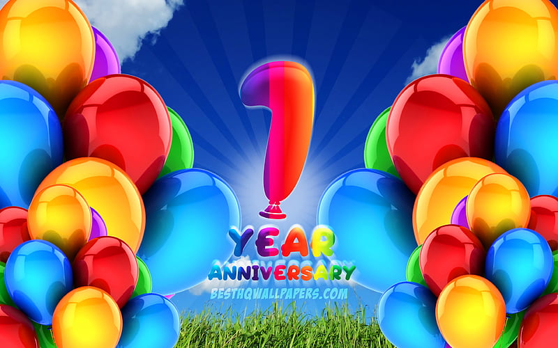 1 Years Anniversary, cloudy sky background, colorful ballons, artwork, 1st anniversary sign, Anniversary concept, 1st anniversary, HD wallpaper
