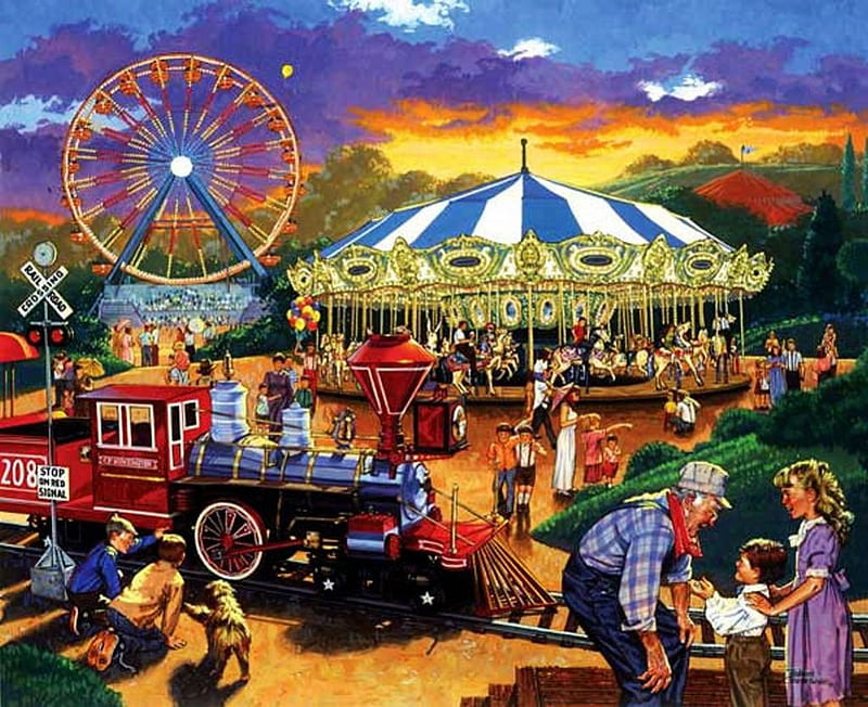 Country Fair, carousel, people, car, ferris wheel, artwork, HD wallpaper