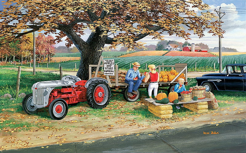Roadside Harvest, tree, tractor, pumpkins, people, painting, HD wallpaper