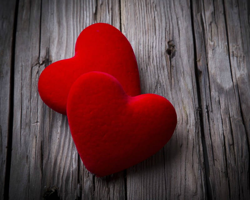Two Hearts, red, corazones, wood, love, HD wallpaper