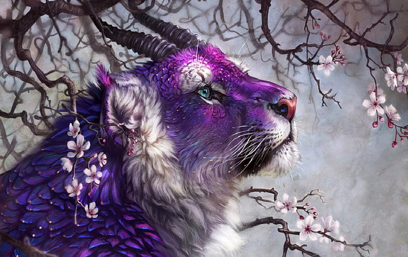 Magic Tiger, tree, purple, flowers, tiger, horns, HD wallpaper