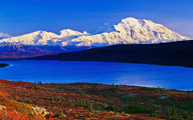 Denali Mountain, Alaska, water, river, usa, landscape, sky, HD wallpaper