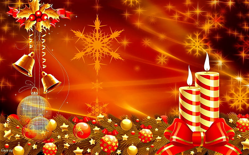 Christmas background, red, stars, pretty, lovely, christmas, holiday, decoration, background, bonito, new year, candles, winter, flame, balls, bells, HD wallpaper