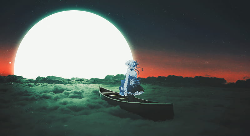 anime girl, boat, moon, clouds, floating, scenic, Anime, HD wallpaper