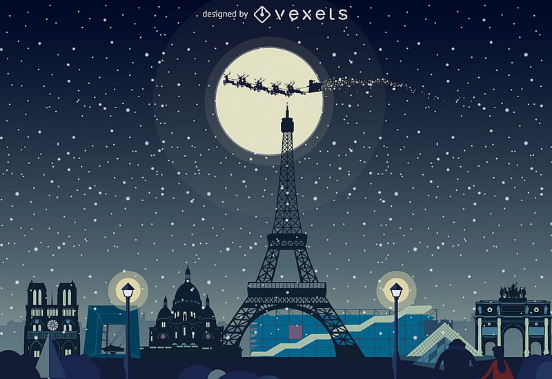 Santa in Paris, tour eiffel, france, santa, our eiffel, city, paris, craciun, vexels, buildings, moon, christmas, luna, nigh, HD wallpaper