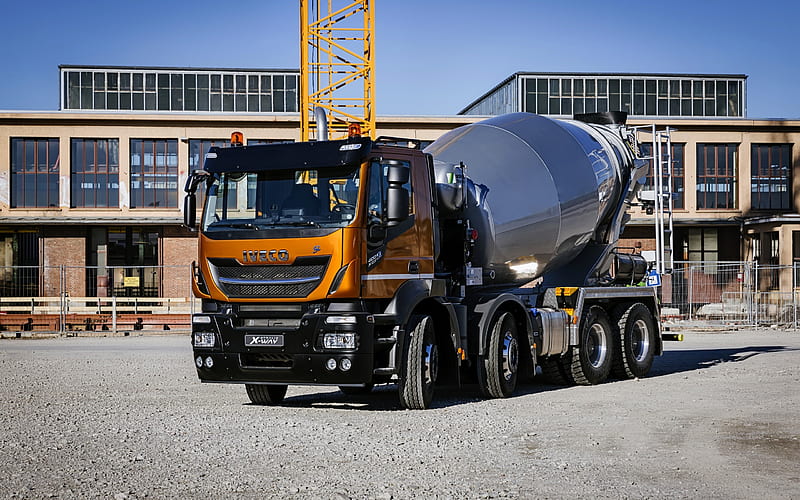 Iveco Stralis X-Way, 2018, 8x4, orange-black new truck, concrete mixer, construction machinery, construction concepts, Super Loader, Iveco, HD wallpaper