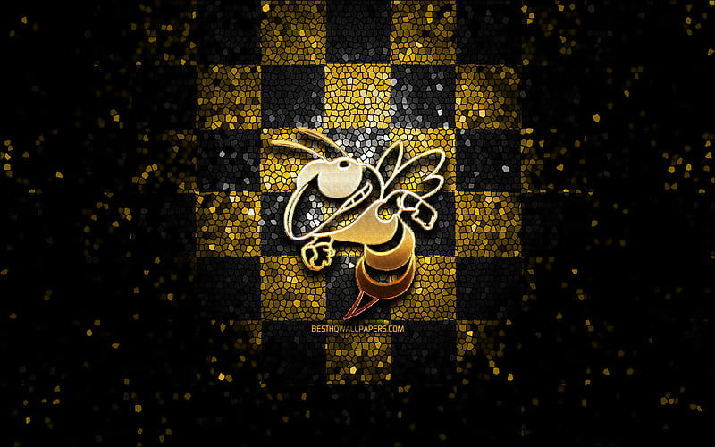 Georgia Tech Yellow Jackets, glitter logo, NCAA, yellow black checkered background, USA, american football team, Georgia Tech Yellow Jackets logo, mosaic art, american football, America, HD wallpaper