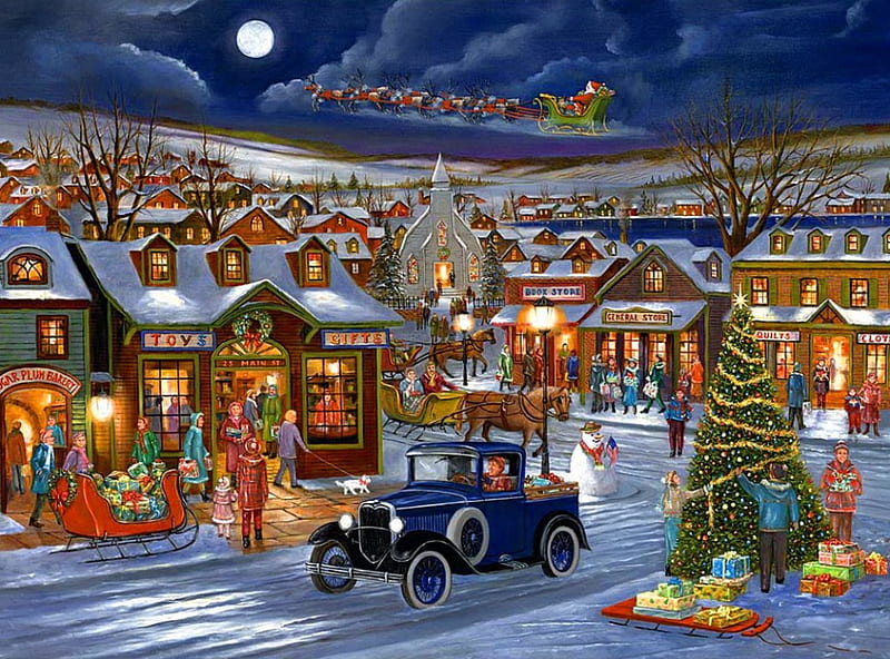 Rejoice Christmas, bonito, eve, lights, moon, car, village, frost, holiday, christmas, town, rejoice, mood, winter, tree, santa, snow, gifts, HD wallpaper