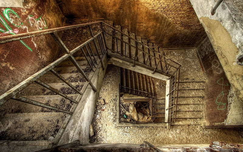 abandoned abstraction staircase r, floors, bannister, stairs, r, abandoned, HD wallpaper