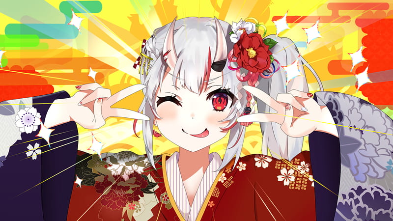 Anime, Virtual Youtuber, Hololive, Nakiri Ayame, Girl, White Hair, Red Eyes, Horns, Wink, Kimono, HD wallpaper